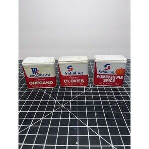 Vintage Spice Tin 1970’s McCormick Schilling Pumpkin Cloves Grocery Kitchen Lot3